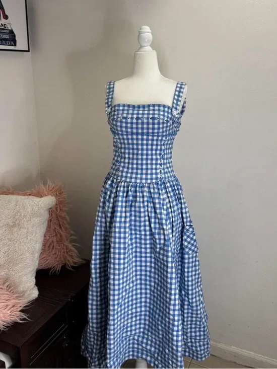 House of CB Vivien Blue & White Gingham Square-Neck Midi Dress - Picture 2 of 5